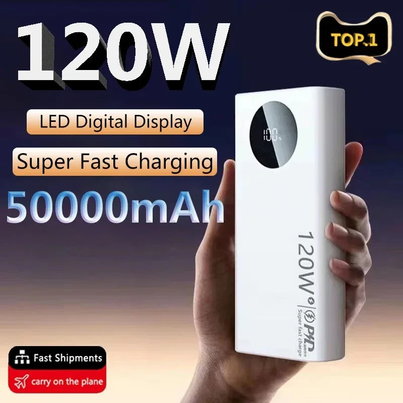 50000mAh Power Bank 120W High Capacity Fast Charging Powerbank Portable Capacity External Battery Charger For All Phones New